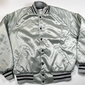 Sportsmaster Satin Snap Button Jacket Mens Large Silver Gray Nylon Track Vintage